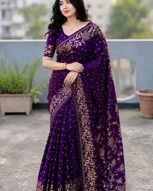 সফট সিল্ক শাড়ি — জরির ফুলেল পাড়, বেগুনি