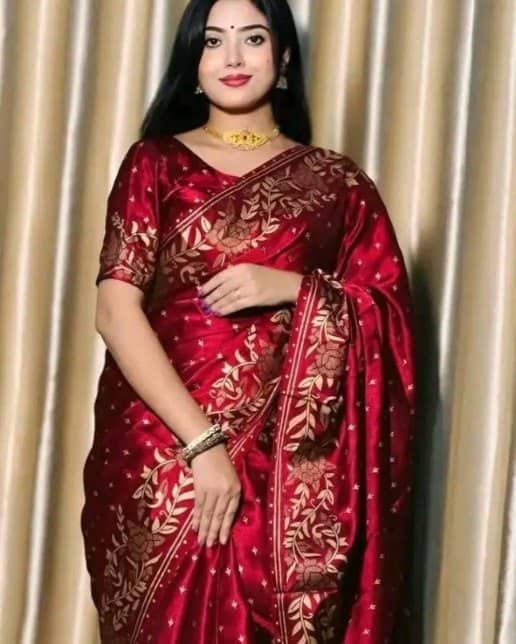 সফট সিল্ক শাড়ি — জরির ফুলেল পাড়, মেরুন